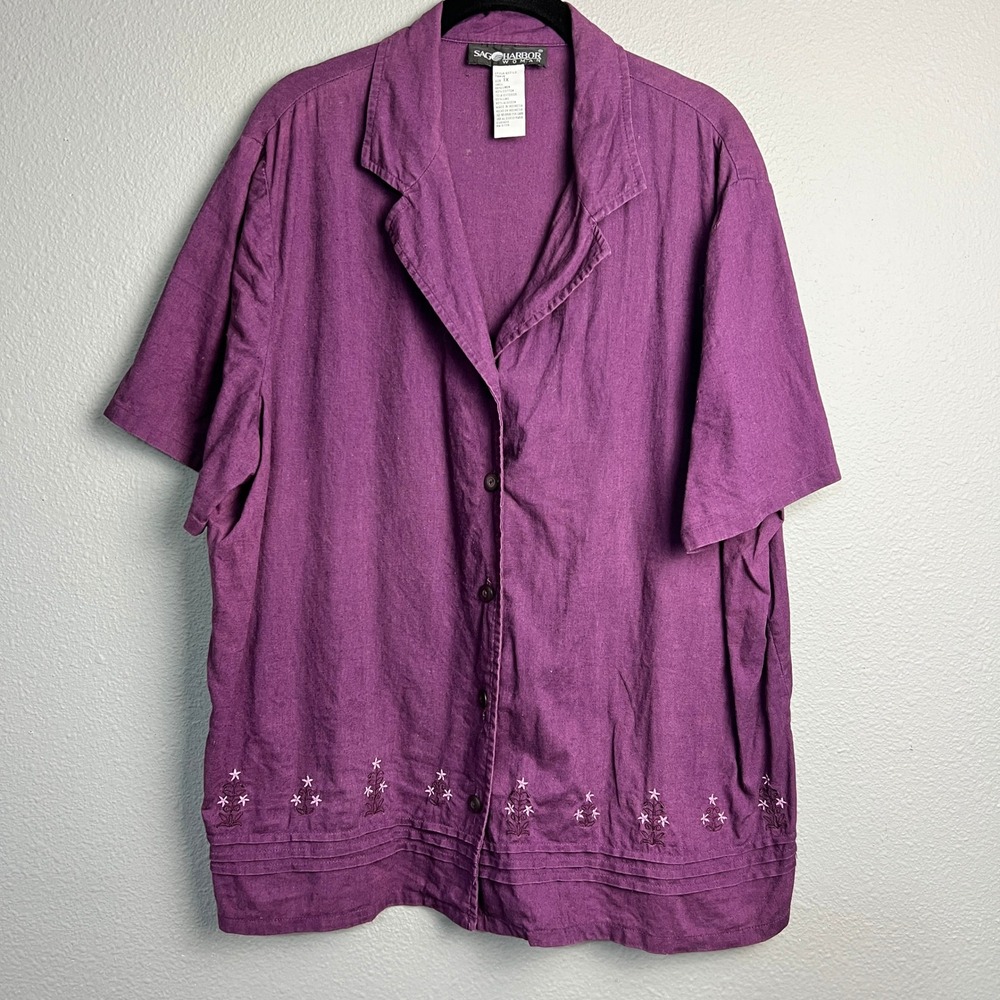 Sag‎ Harbor Coastal Grandma Linen Blend Purple Button Up Embroidered Floral 1X